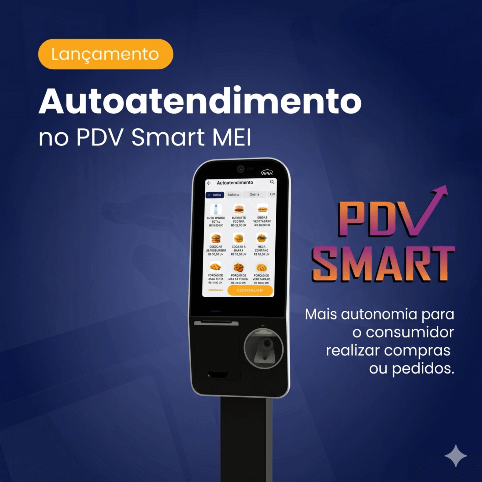 Totem de autoatendimento do PDV Smart MEI exibindo cardápio digital